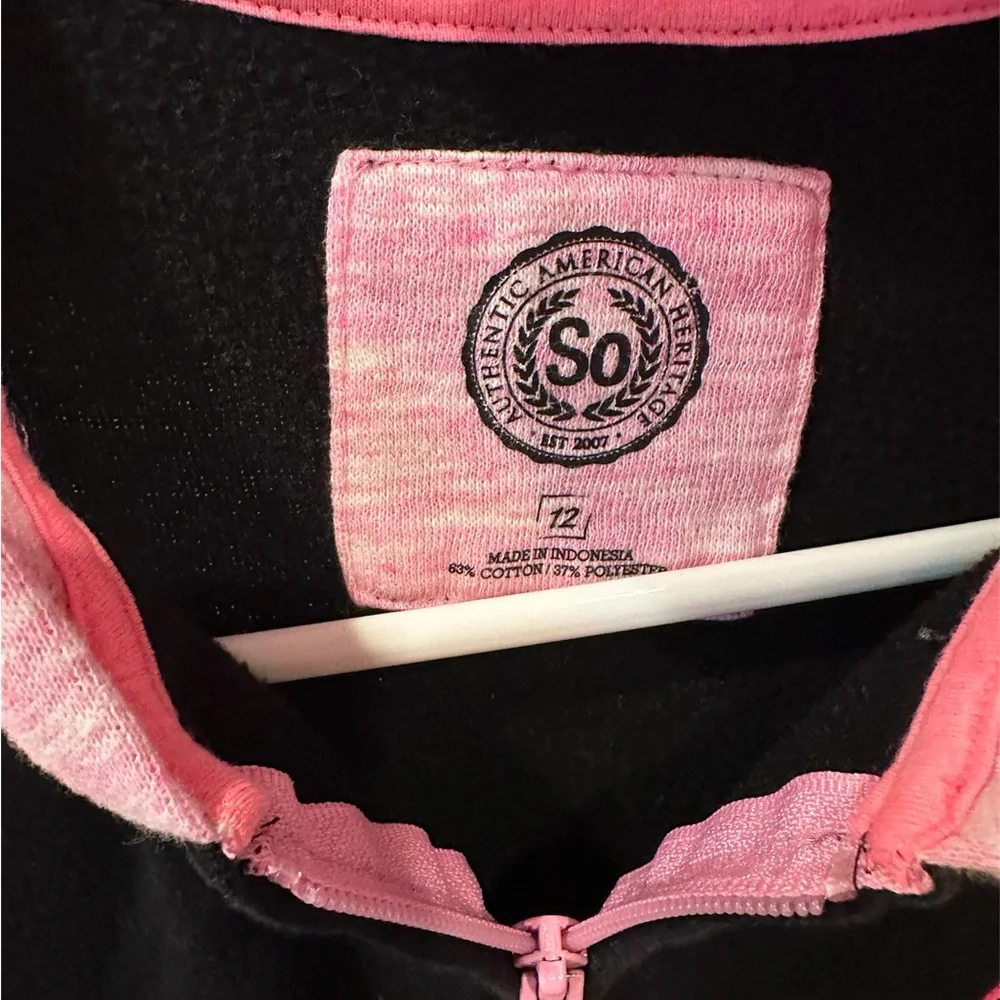 SO Pink and Black Zip-Up Jacket with Hood and Graphic Design EUC